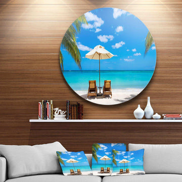Turquoise Beach with Chairs - Coastal Large Metal Circle Wall Art